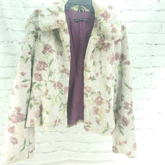 Allan Denis Womens White Floral Collared Long Sleeve Faux Fur Jacket Size M - Picture 1 of 15